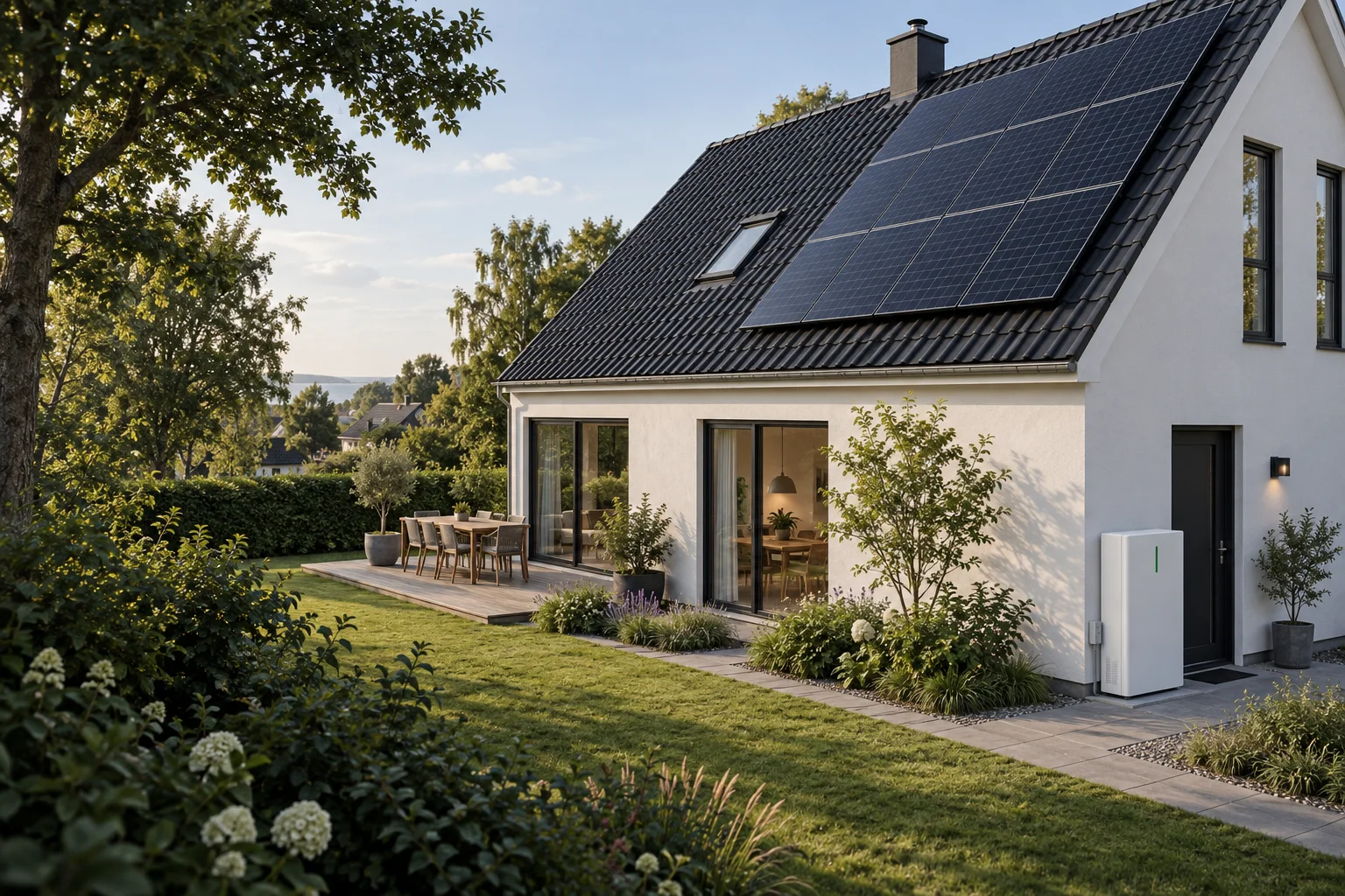 Illustration af et dansk parcelhus med solceller på taget og husbatteri ved huset
